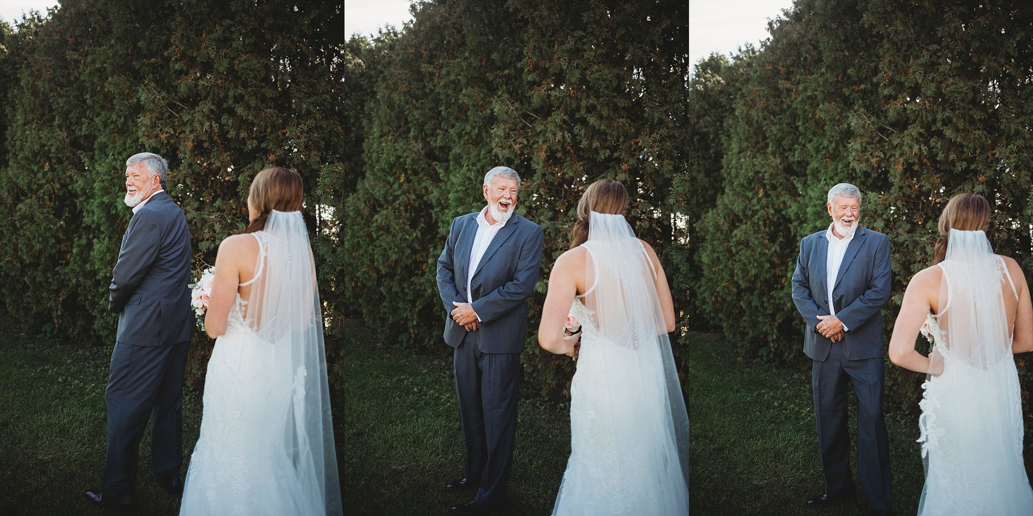bride's first look with dad at her meadow springs manor wedding in Francesville, Indiana