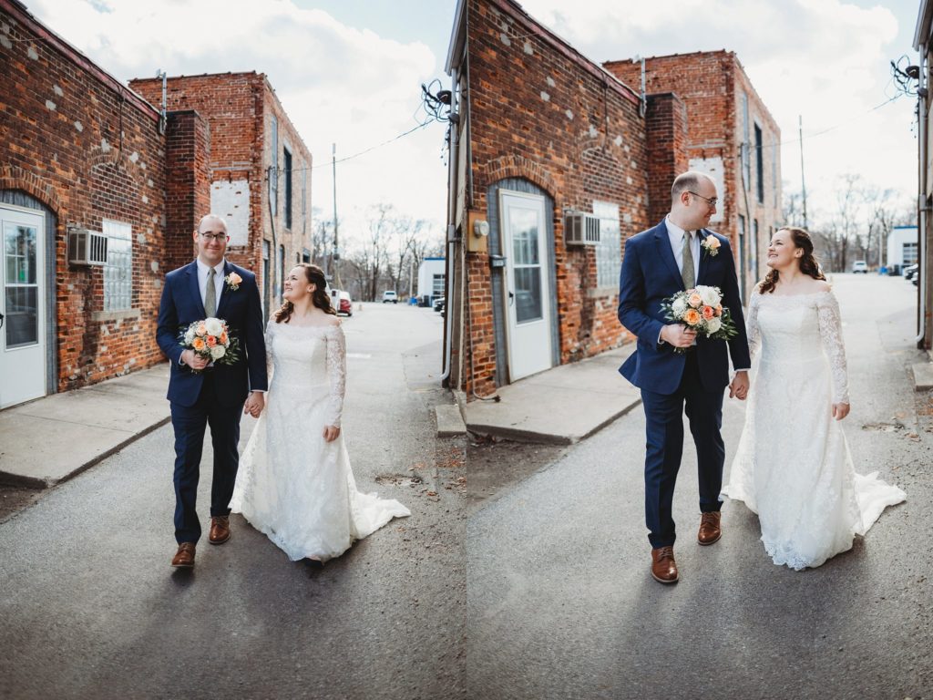 Bride and groom walking photos at Embers Venue in Rensselaer Indiana