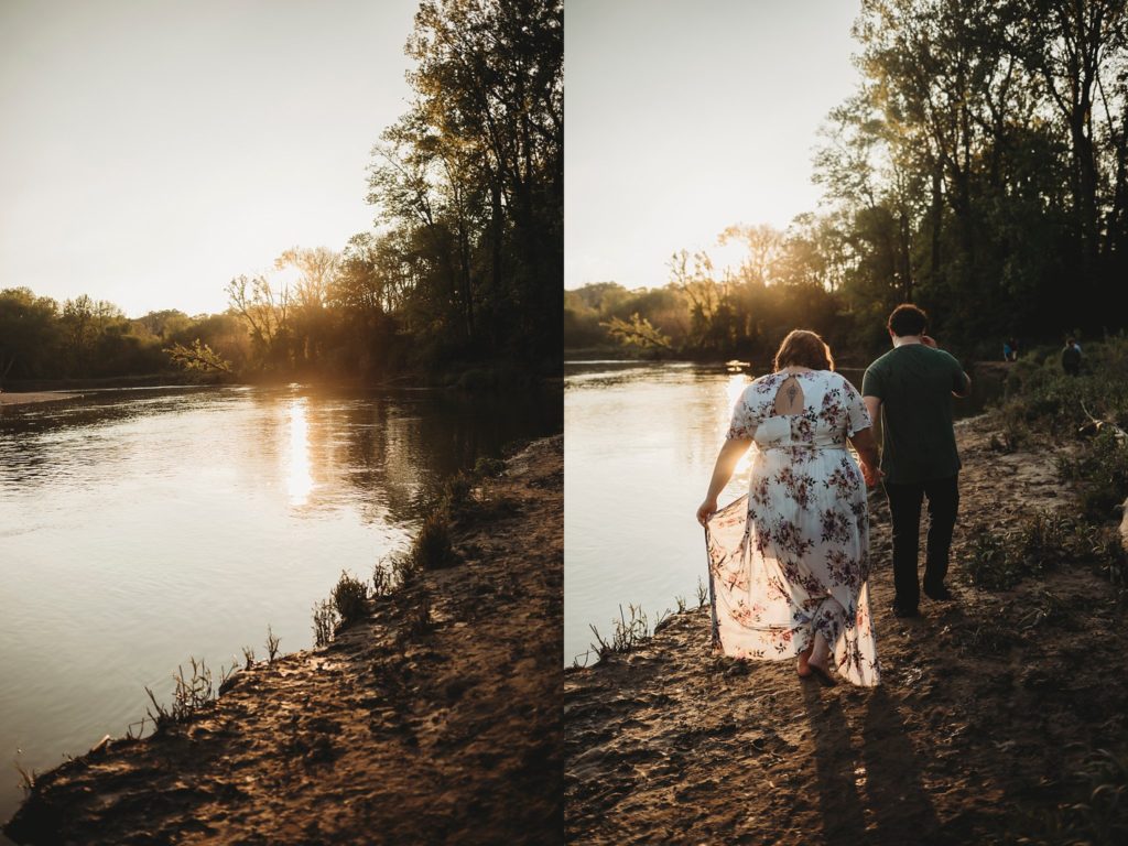 engagement pictures in Lafayette Indiana - man and woman walking along the water at romantic engagement photos at Wildcat Creek Park during sunset