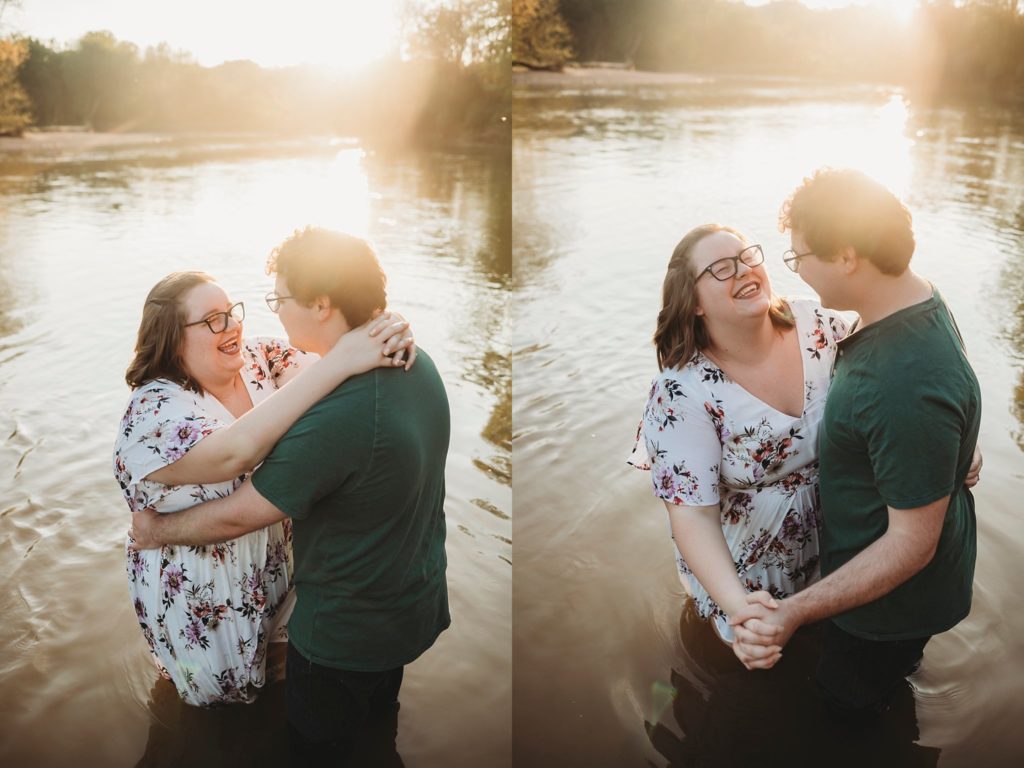 engagementpictures in Lafayette Indiana - man and woman dancing in the water at romantic engagement photos at Wildcat Creek Park during sunset