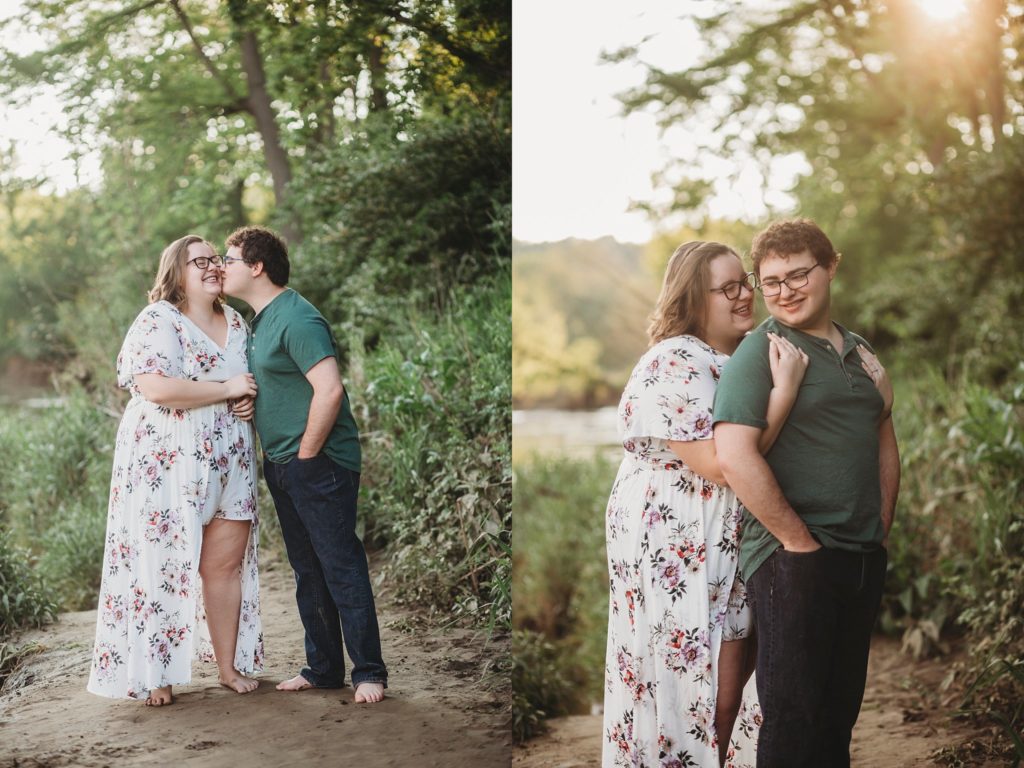 engagement pictures in Lafayette Indiana - man and woman kissing beside the water at romantic engagement photos at Wildcat Creek Park during sunset