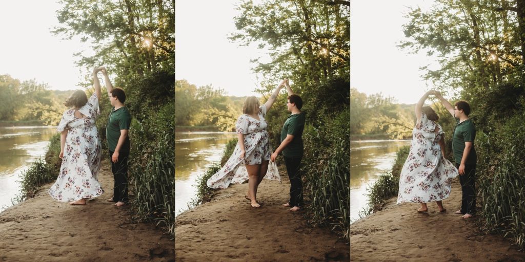 engagement pictures in Lafayette Indiana - man and woman holding hands beside the water at romantic engagement photos at Wildcat Creek Park during sunset