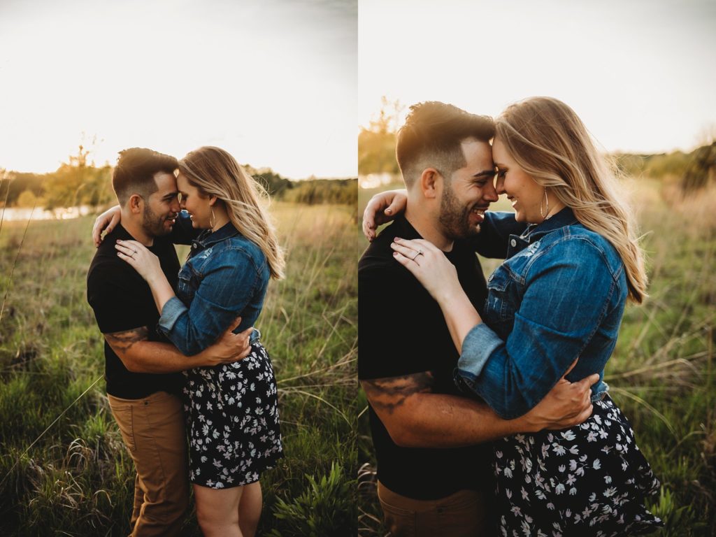 man and woman hold each other tight and take romantic engagement photos at Fairfield Lakes Park during sunset
