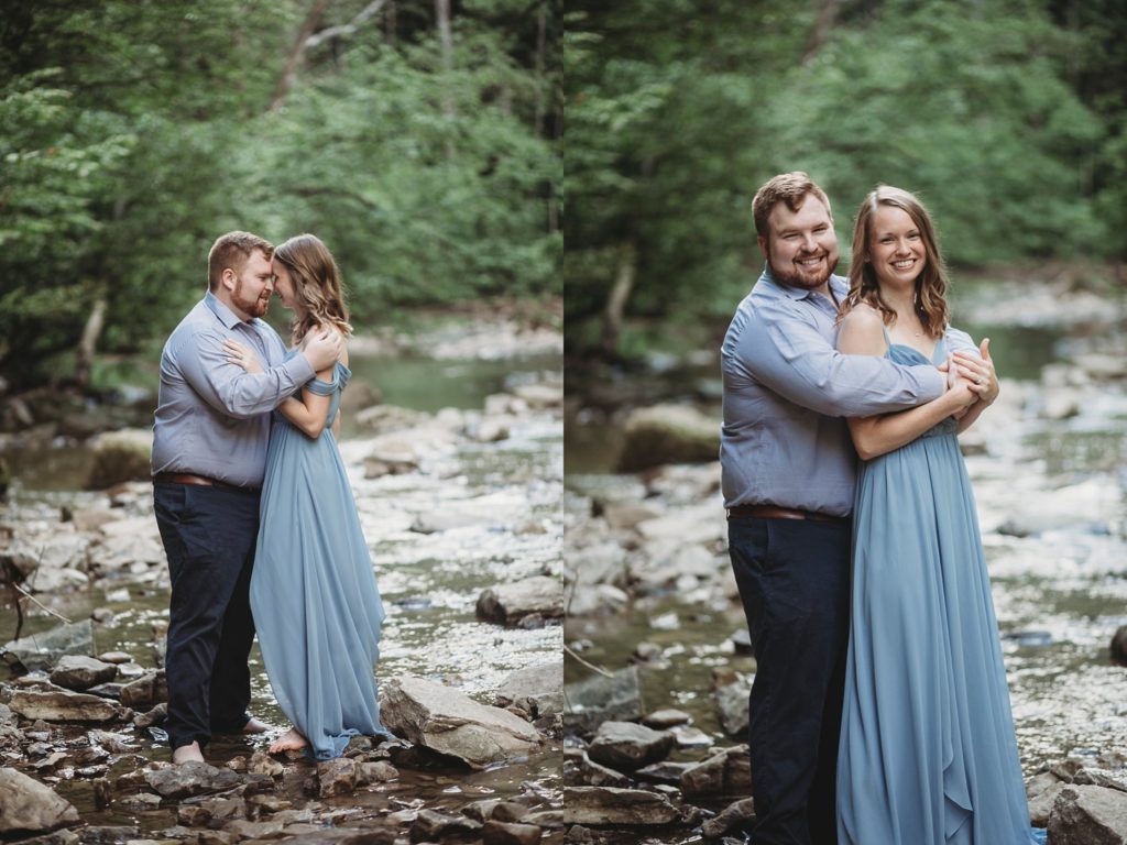 McCormick's Creek Engagement Session- Man and woman holding each other at McCormick's Creek State Park in Indiana 