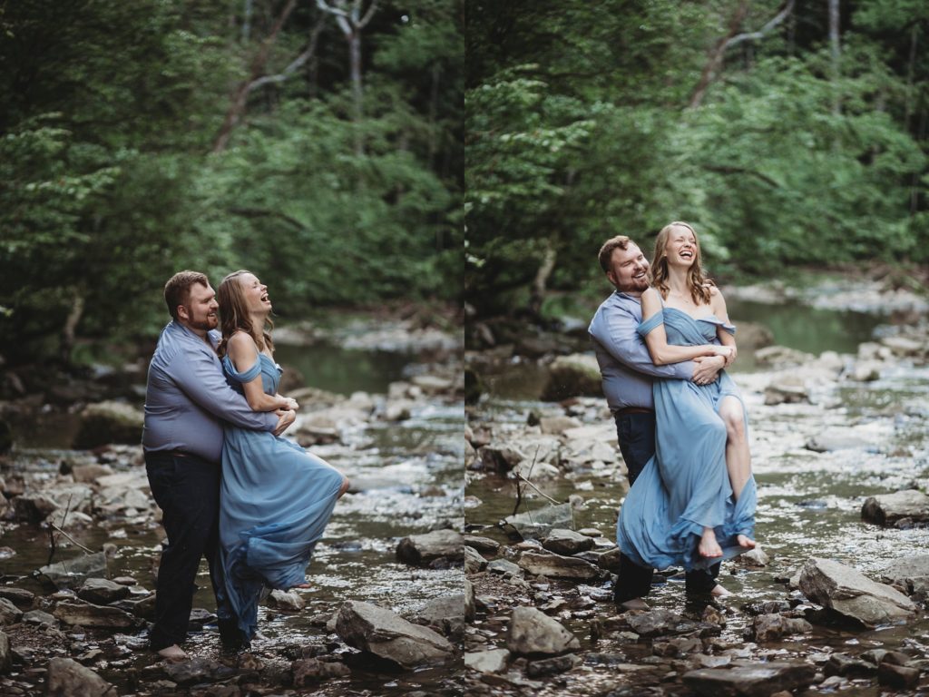 McCormick's Creek Engagement Session- Boyfriend swinging girlfriend around at McCormick's Creek State Park in Indiana