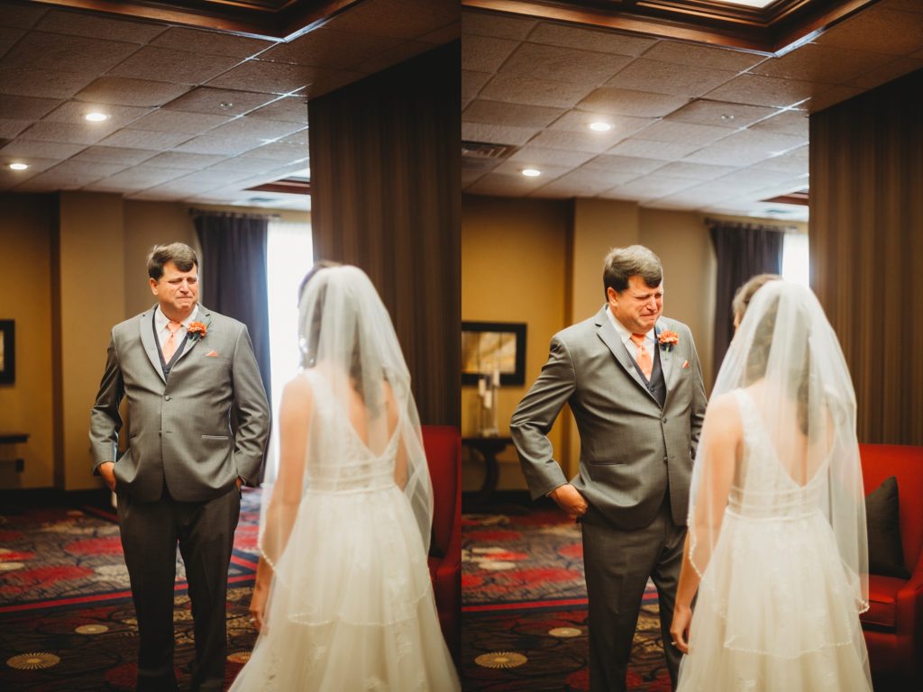 Father crying when he sees his daughter in her gown for the first time at her Monticello Indiana Wedding. 