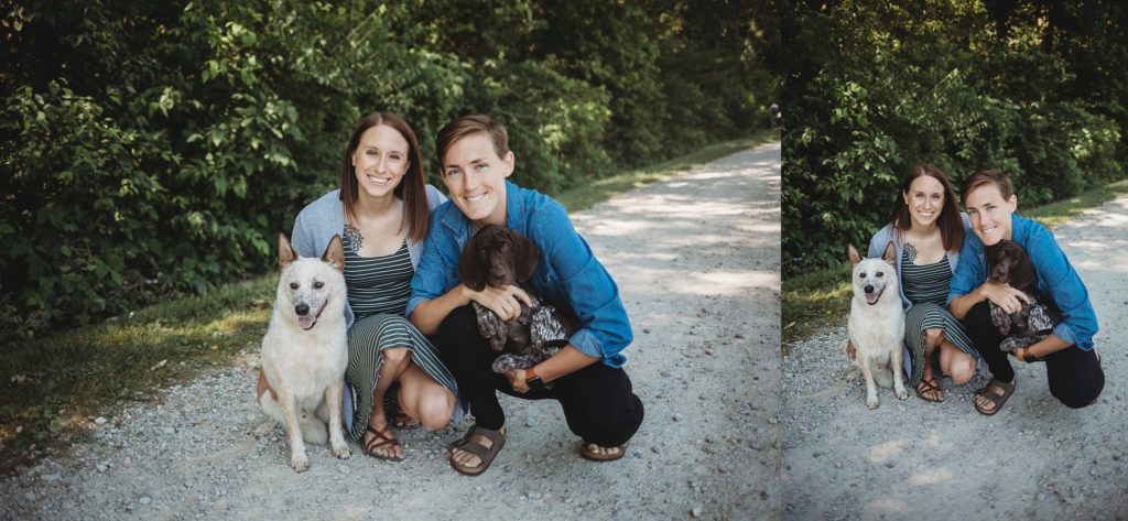 LGBTQ couple with their dogs at their Lafayette, Indiana couples session 