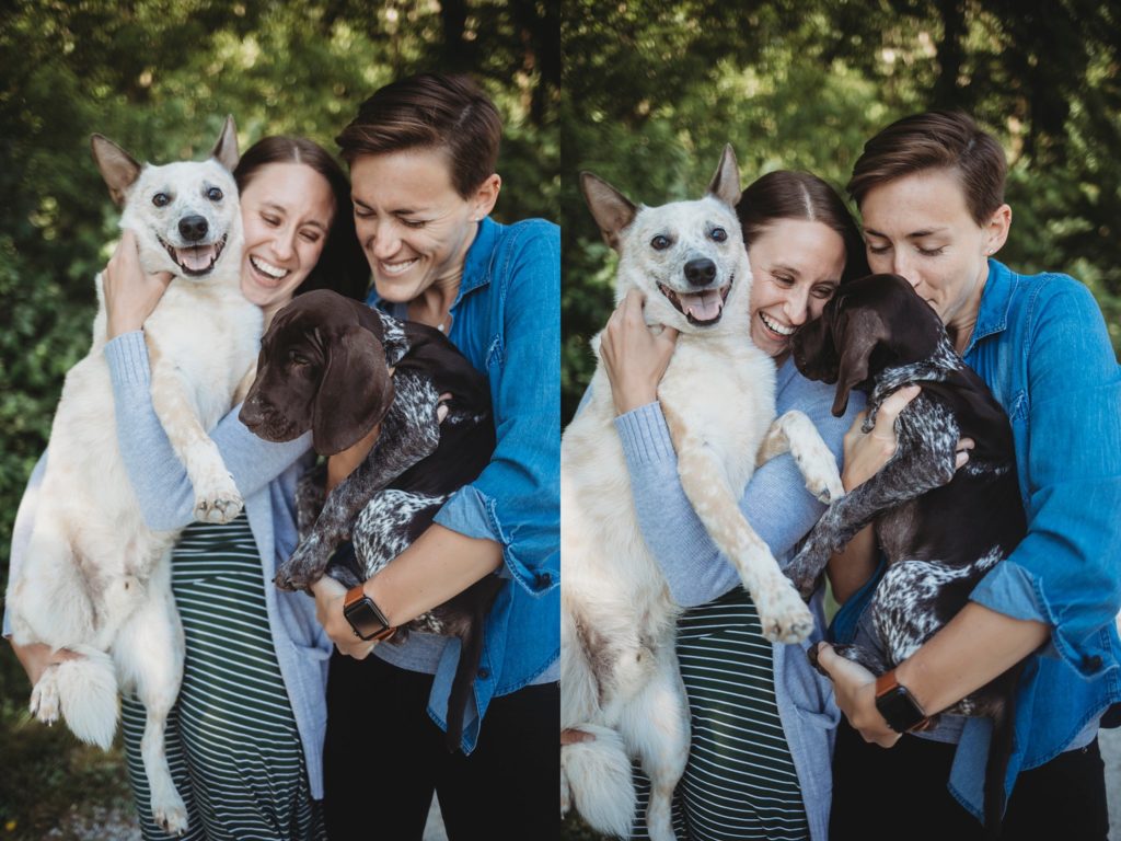 LGBTQ couple loving on their dogs while at their Lafayette, Indiana couples session 