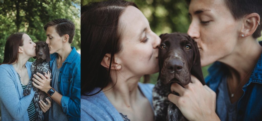 LGBTQ couple holds puppy while giving it kisses at their Lafayette, Indiana couples session 