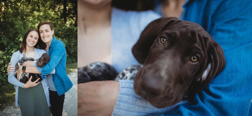 LGBTQ couple holds puppy at their Lafayette, Indiana couples session 