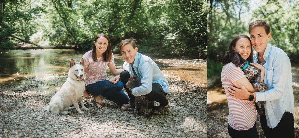 LGBTQ couple with their dogs at their Lafayette, Indiana couples session 