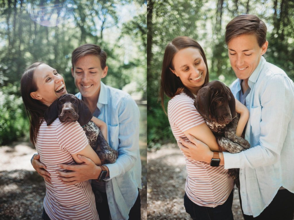 LGBTQ couple holds puppy while enjoying their Lafayette, Indiana couples session 
