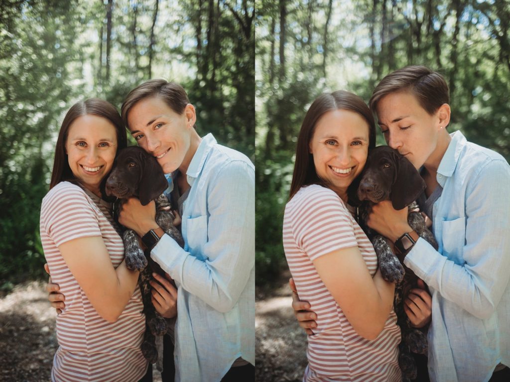 LGBTQ couple holds and kisses puppy while at their Lafayette, Indiana couples session 