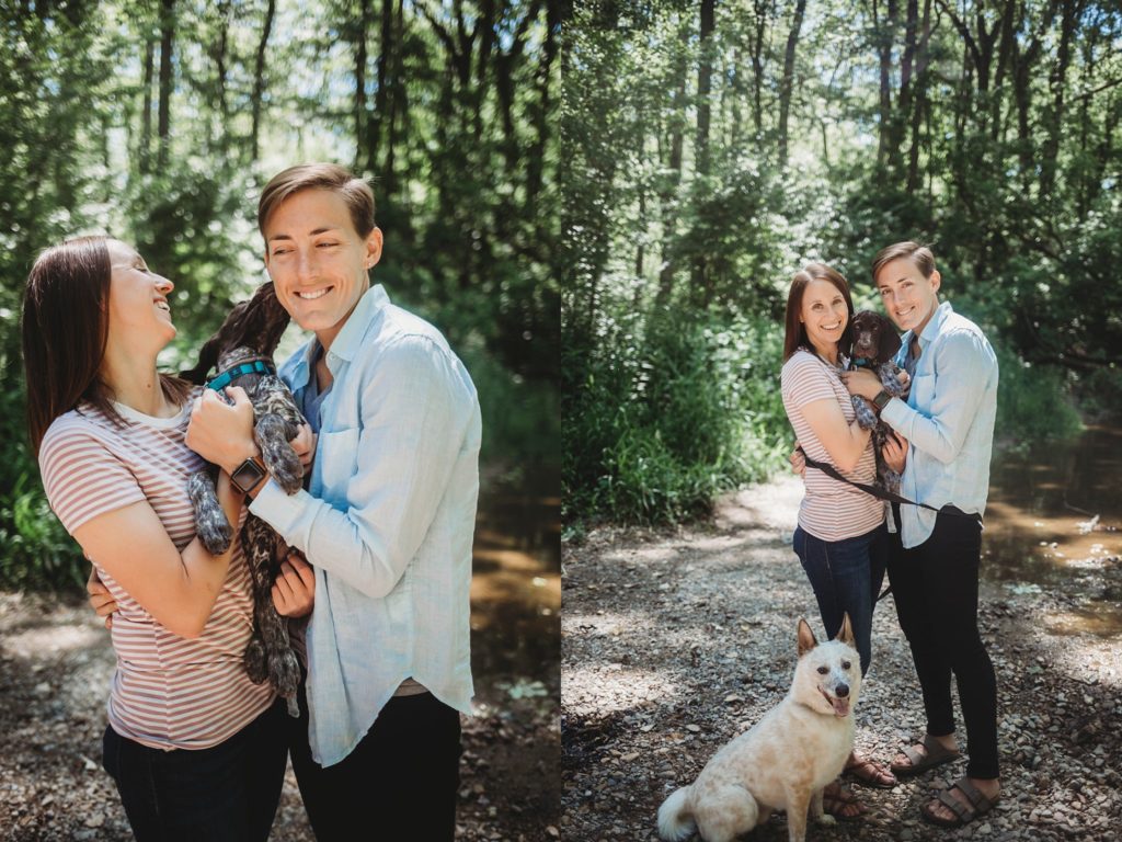 LGBTQ couple holds puppy while it gives them kisses at their Lafayette, Indiana couples session 