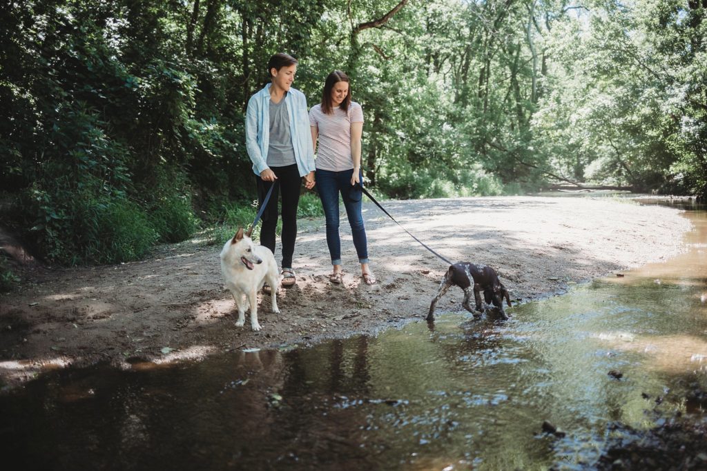LGBTQ couple playing in the water with their dogs at their Lafayette, Indiana couples session 