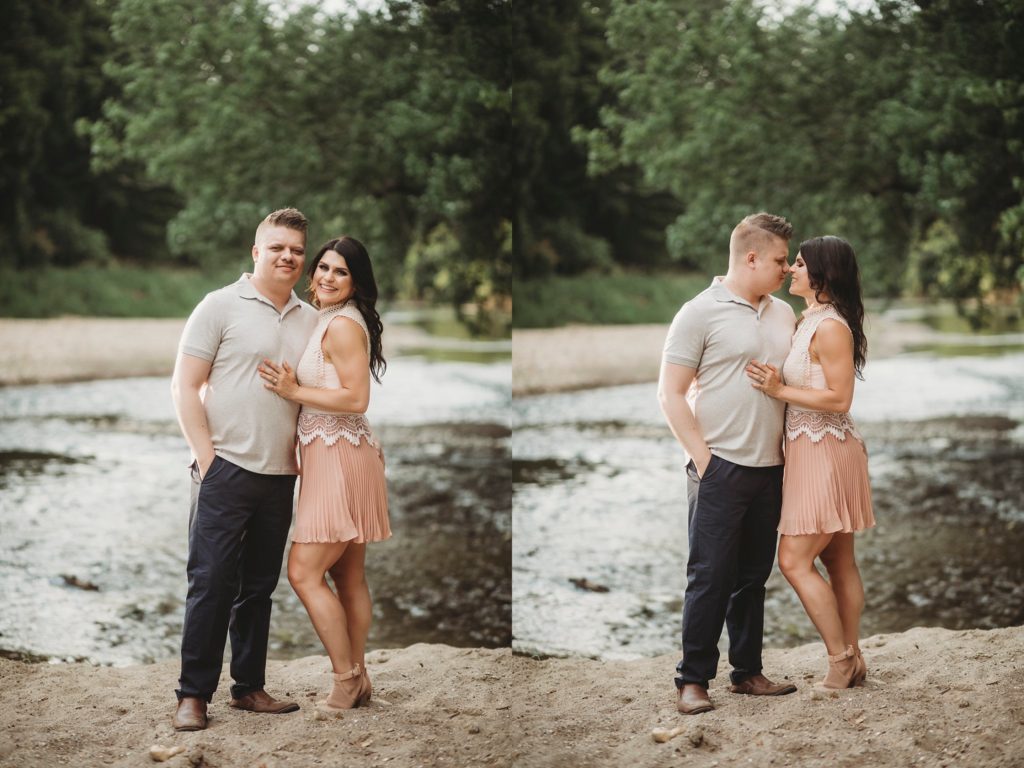 Fairfield Lakes Park Engagement Session- woman and man standing together leaning in for a kiss near water in Lafayette Indiana at Fairfield lakes park.