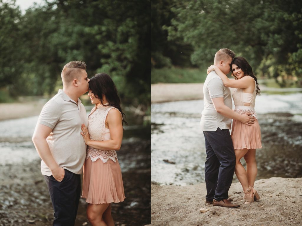 Fairfield Lakes Park Engagement Session- woman resting head on mans face near water in Lafayette Indiana at Fairfield lakes park.