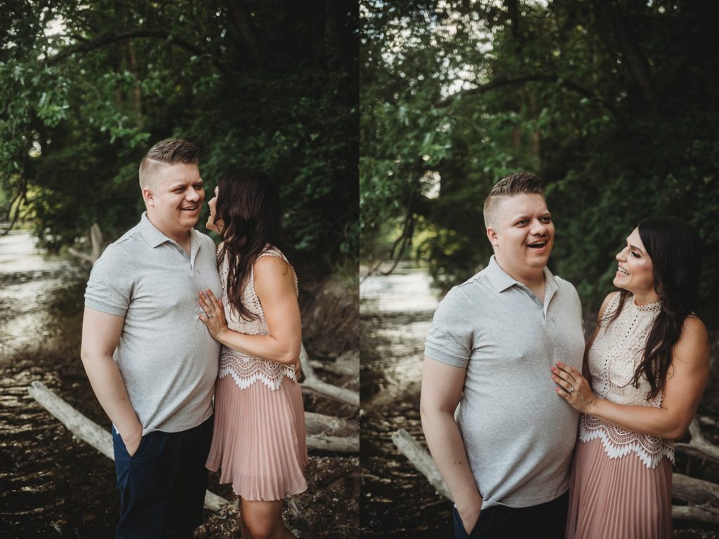 Fairfield Lakes Park Engagement Session- woman and man laughing together near water in Lafayette Indiana at Fairfield lakes park.
