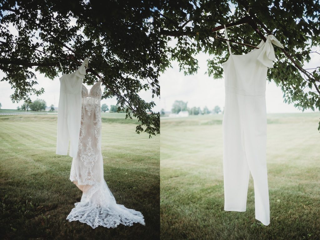 Our First Indiana LGBTQ+ Wedding- wedding dress and jumpsuit from the wedding day at the gathering barn in Bringhurst, Indiana