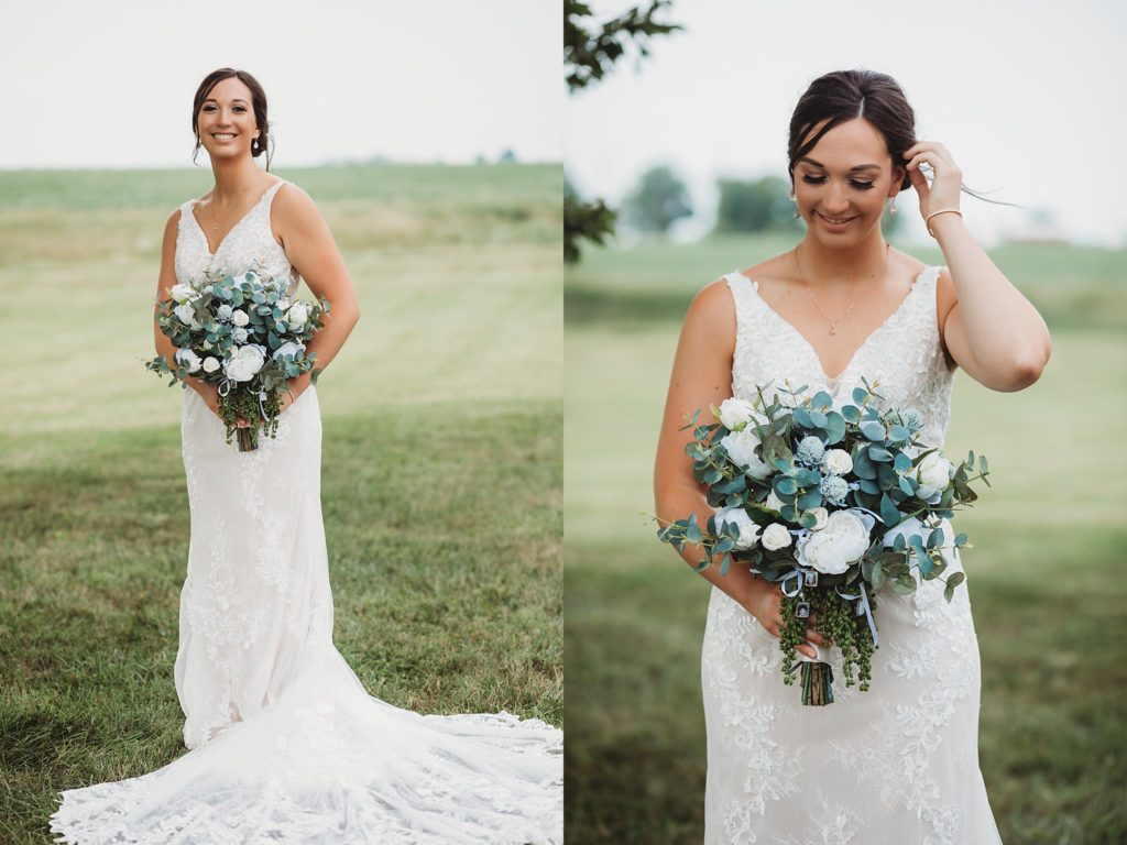 Our First Indiana LGBTQ+ Wedding- The bride holding her flowers on her wedding day at the gathering barn in Bringhurst, Indiana