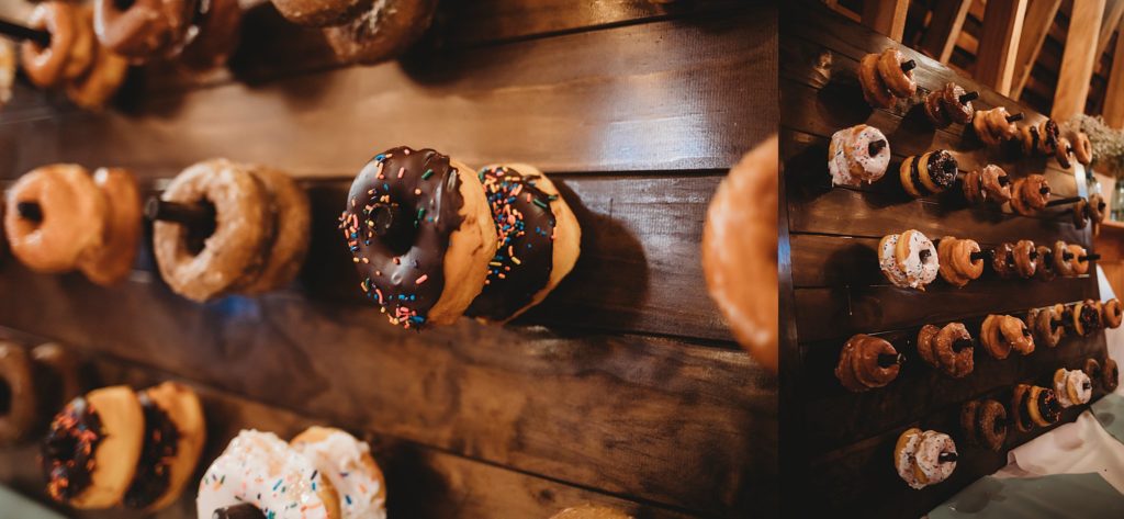 sprinkle doughnuts lined up on a wall as mentioned above as  lgbtq wedding ideas