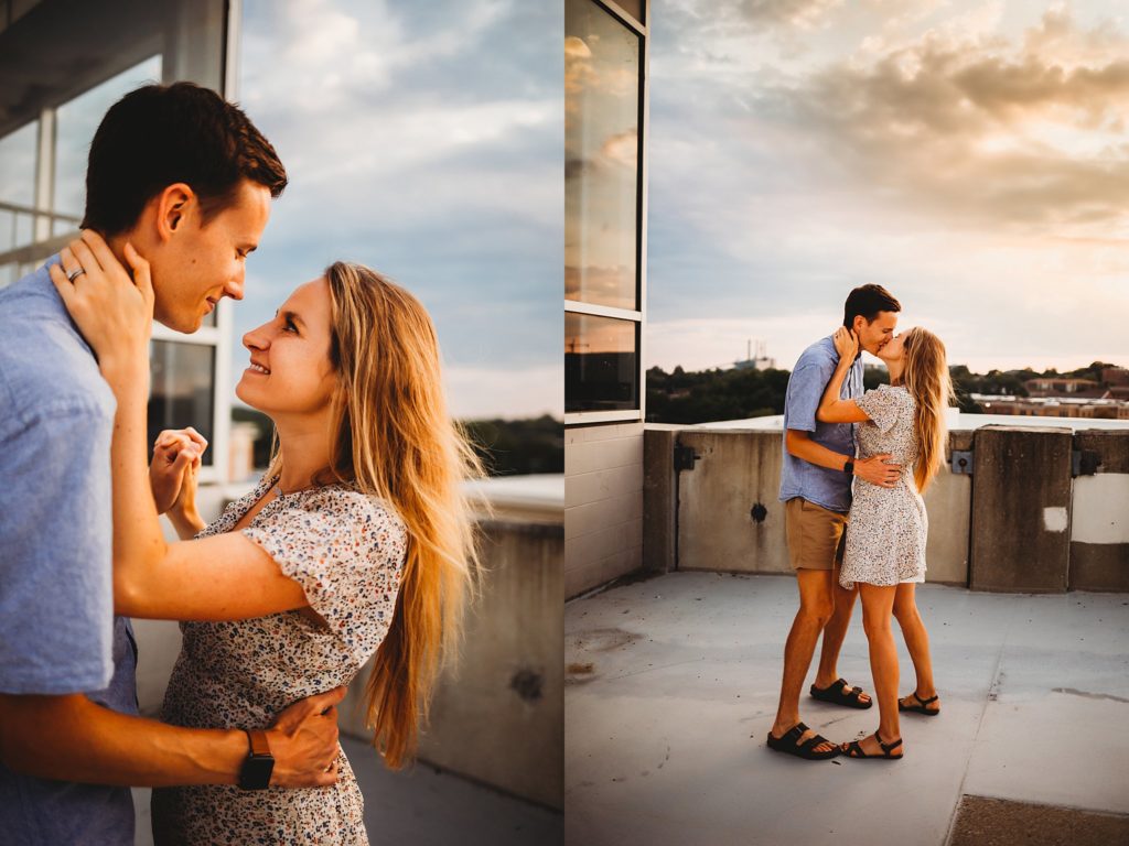 West Lafayette Indiana Anniversary Session-man and woman dancing in the sunset on top of a parking garage in west lafayette indiana. 