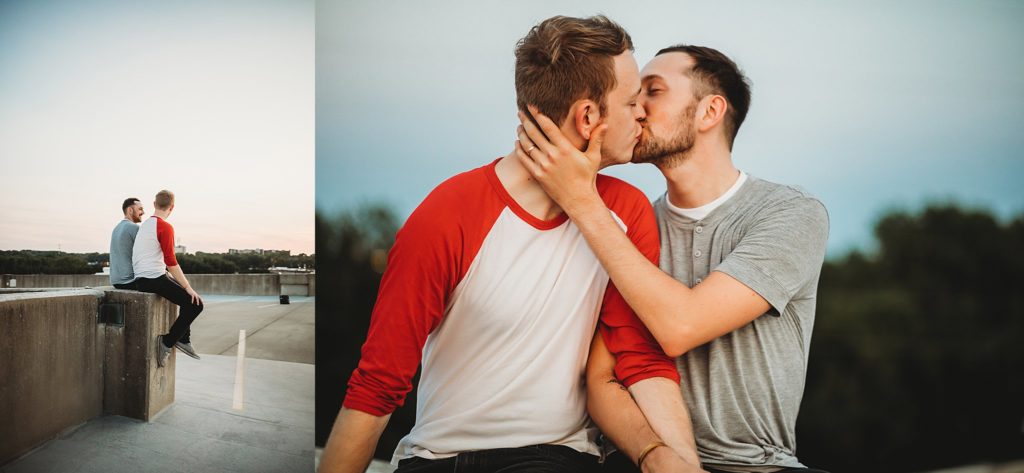 LGBTQ couple kissing during their Indiana LGBTQ engagement session. 
