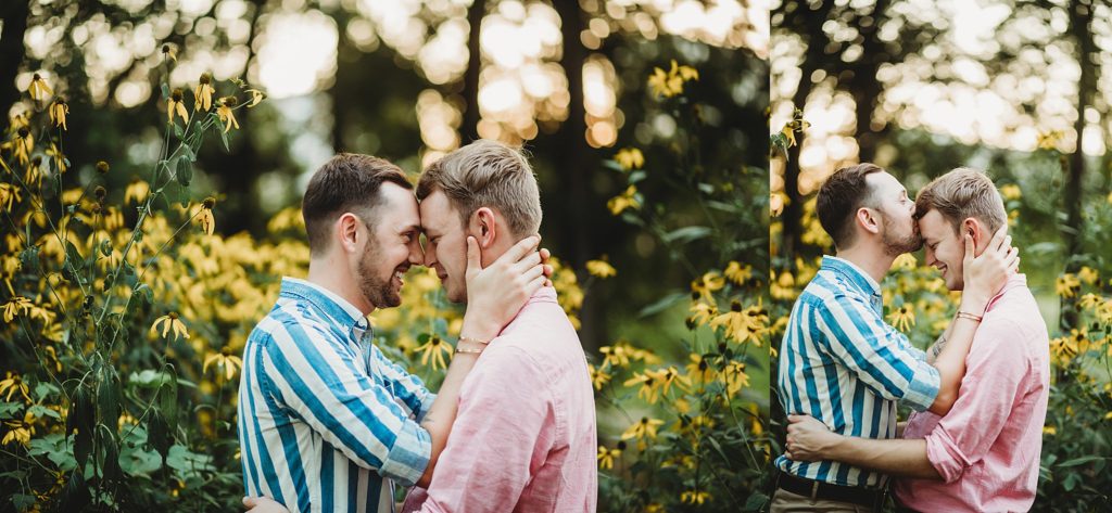 man kissing mans forehead during their Indiana LGBTQ engagement session. 