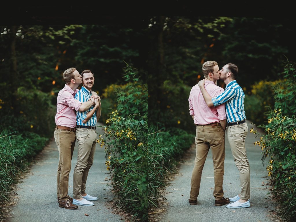 man wrapped around man kissing each other during their Indiana LGBTQ engagement session. 