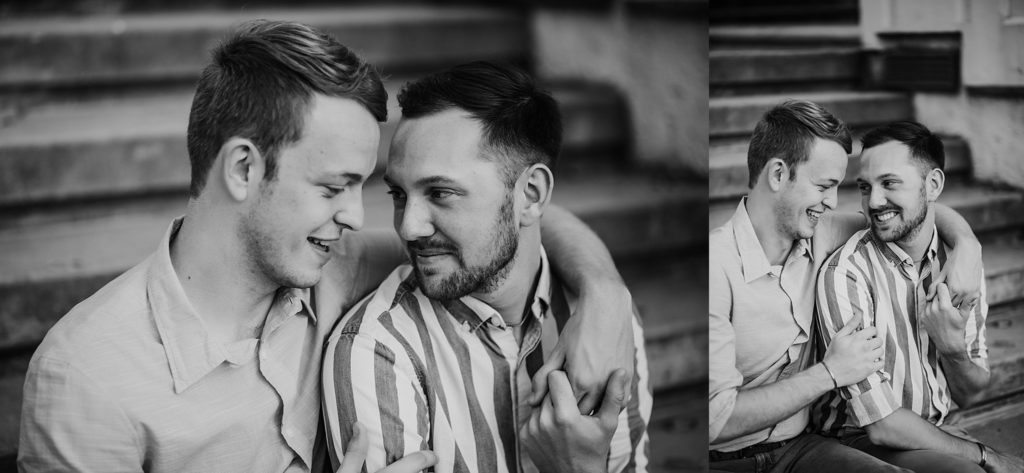 LGBTQ couple talking and laughing during their Indiana LGBTQ engagement session. 