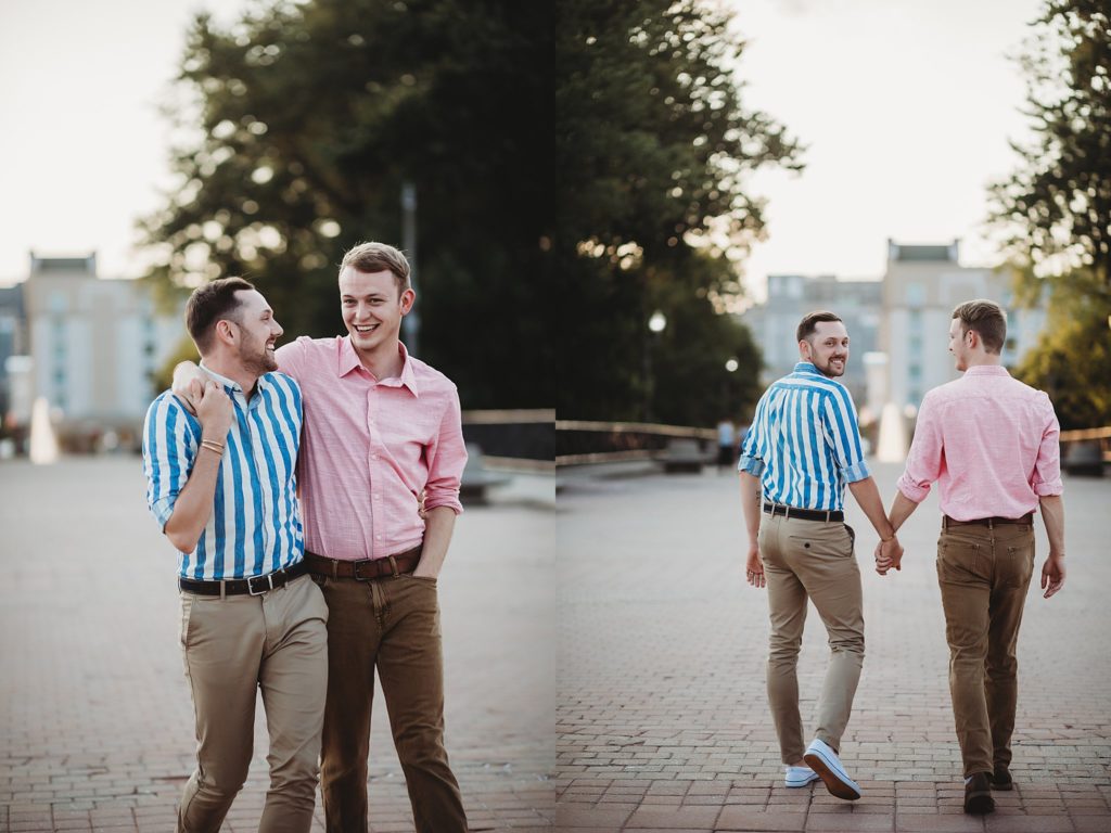 LGBTQ couple walking and laughing during their Indiana LGBTQ engagement session. 