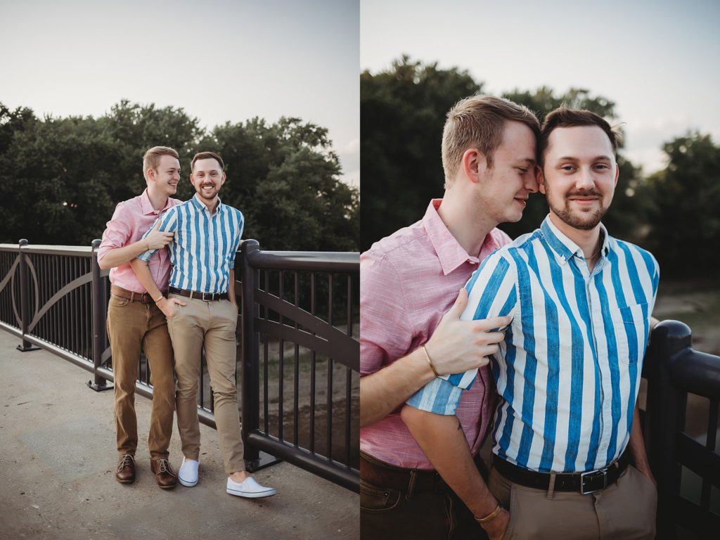 man holding onto man during their Indiana engagement session. 