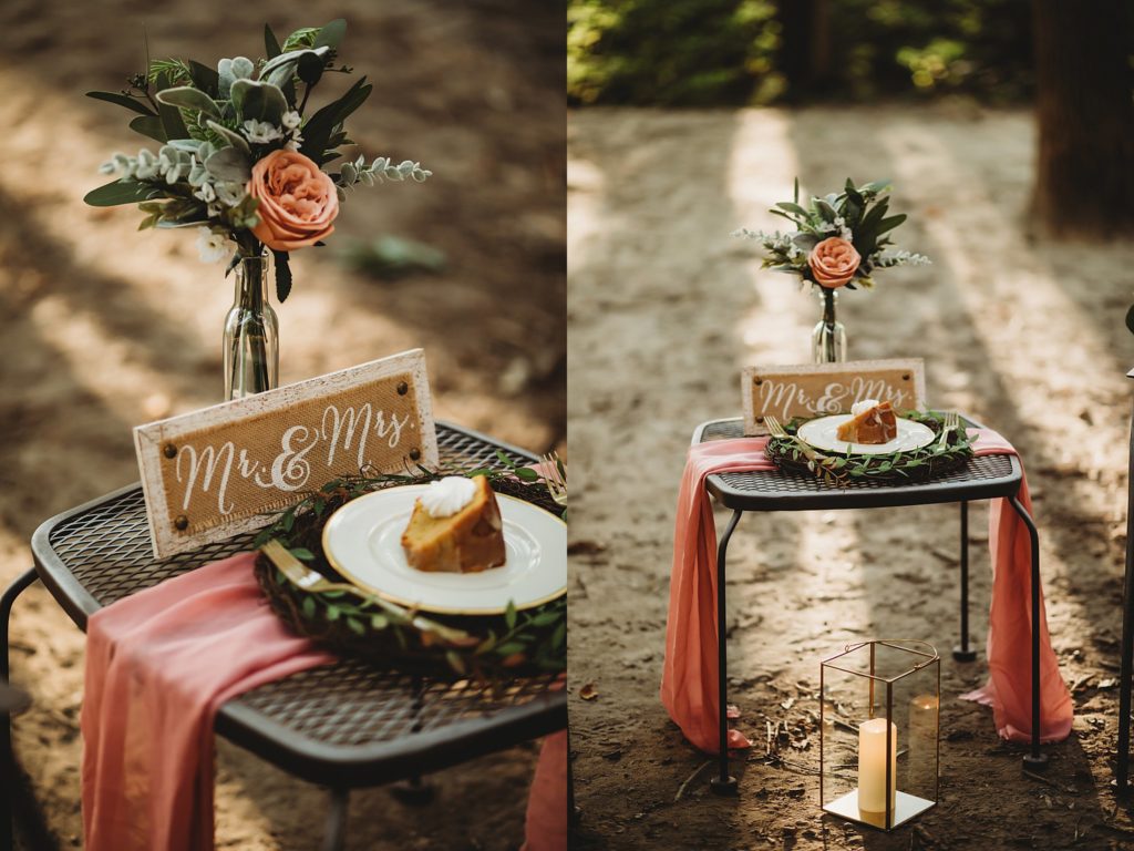 woodland dining set up for anniversary cake for an Indianapolis Indiana anniversary session
