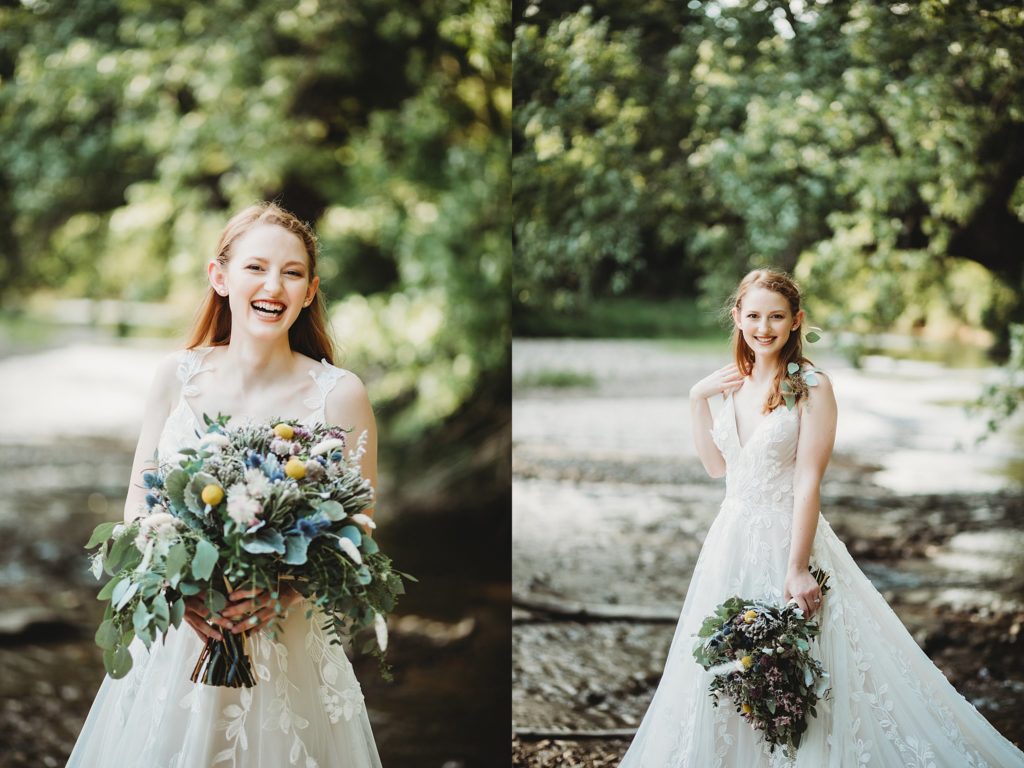 Indiana Elopement// Morgan + Kyle - LEFT: Bride looks at camera with bouquet in hands. RIGHT: Bride touches her shoulder while looking at the camera and holding bouquet in opposite hand. 