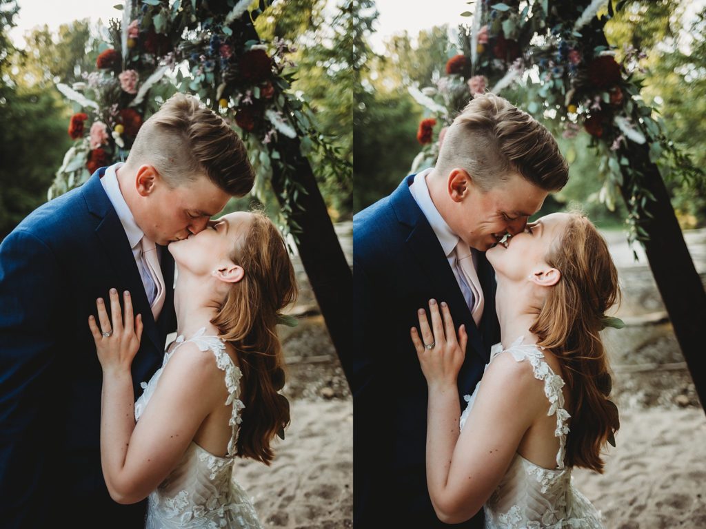 Indiana Elopement// Morgan + Kyle -  Couple kisses in front of alter at Fairfield Lakes Park. 
