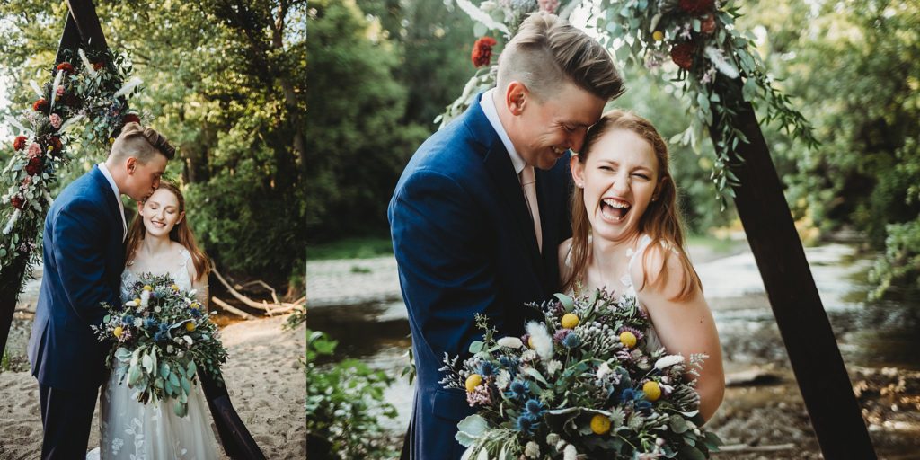 Indiana Elopement// Morgan + Kyle - LEFT: Groom kisses bride on forehead, bride looks at camera with eyes closed. RIGHT: Groom touches head to bride's hair as she laughs.