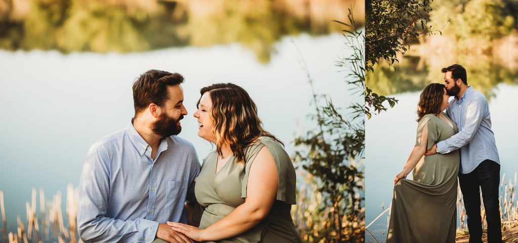 West Lafayette Indiana Couples Session// Evan + Abby - Left: Couple sits on a bench near Fairfield Lake looking at each other giggling. Right: Man kisses woman on forehead while she holds her skirt.