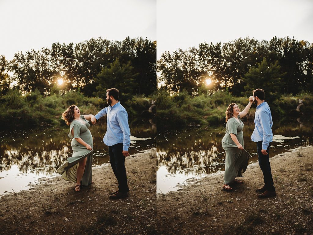 West Lafayette Indiana Couples Session// Evan + Abby - Man twirls woman on the beach at sunset while smiling and laughing together.