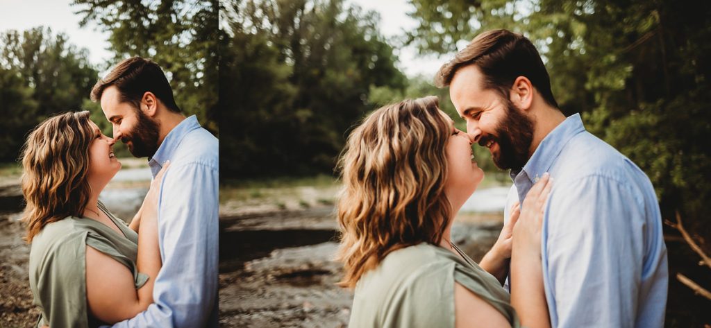 West Lafayette Indiana Couples Session// Evan + Abby - Couple embraces, woman has her hands on mans chest. 