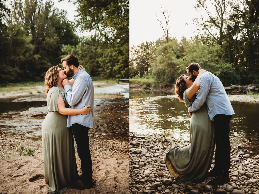 West Lafayette Indiana Couples Session// Evan + Abby - Left: Man rests hand under woman's chin to kiss her. Woman has her arm around man's waist. Right: Woman wraps her arms around the back of man's neck and pops her foot while kissing him on the rocky shore of the creek. 