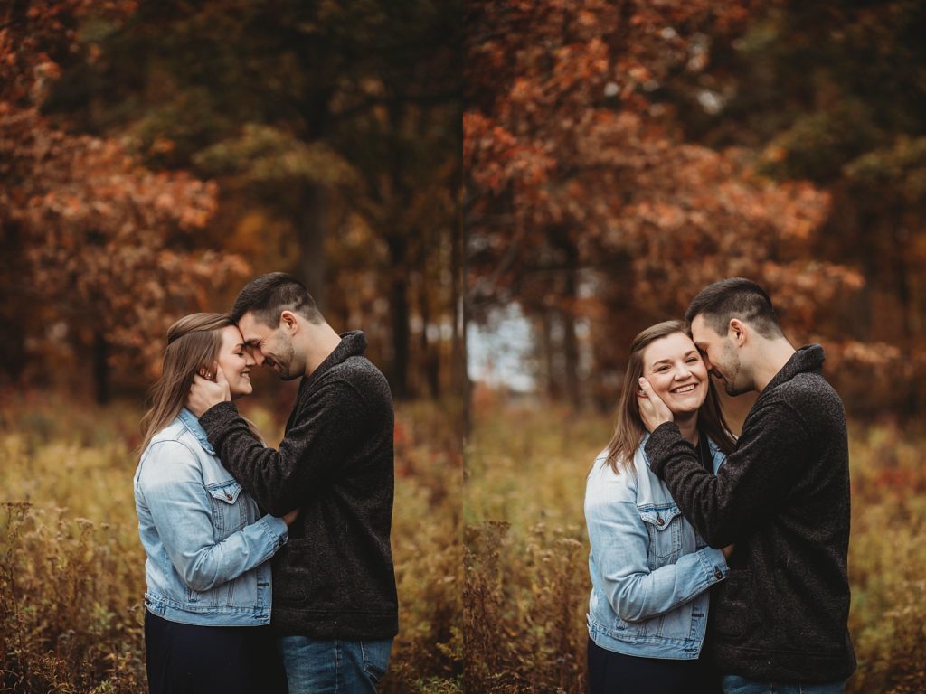 man and woman hugging for their engagement pictures 
