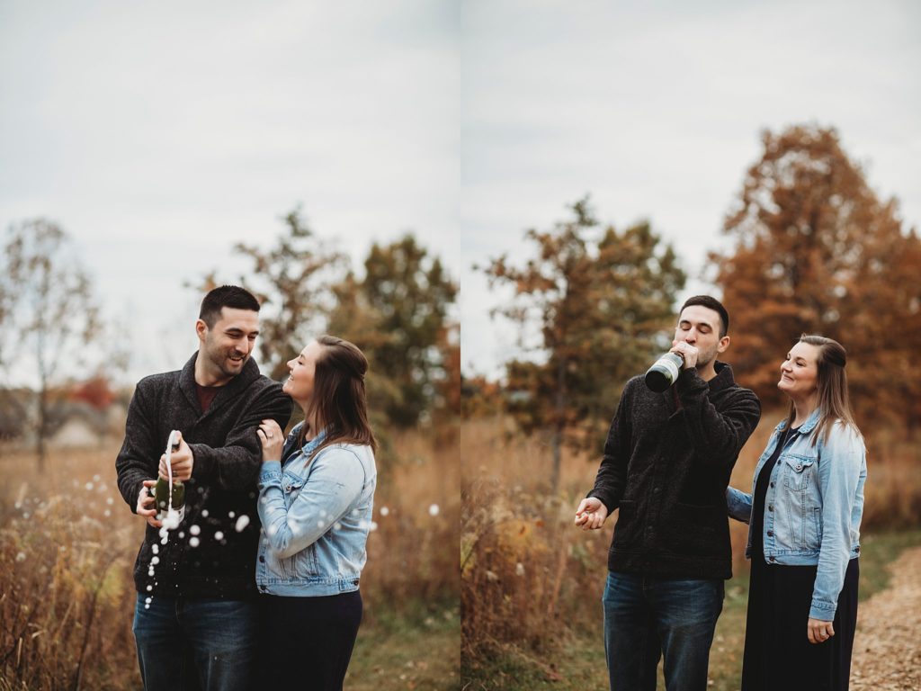 man and woman pop champagne for their West Lafayette Couples Session