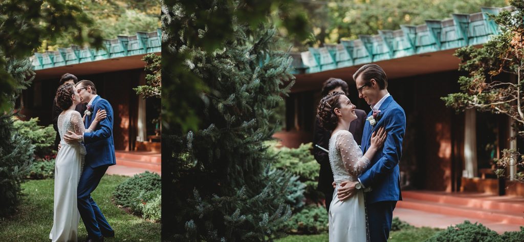 bride and groom kiss in front of frank Lloyd wright's samara house