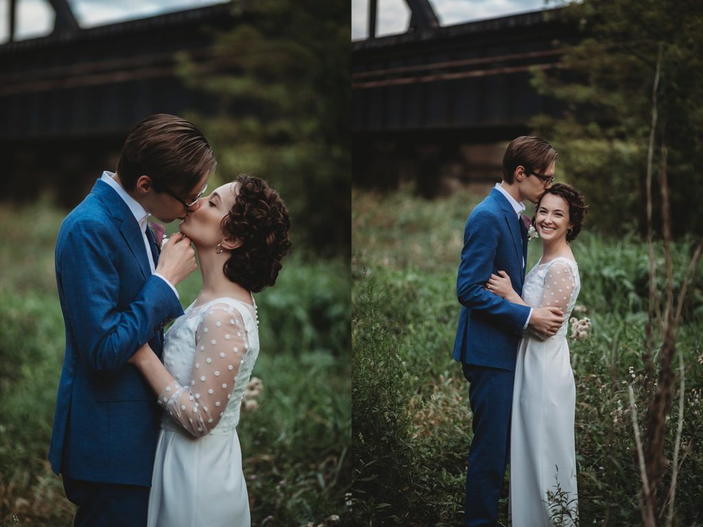 bride and groom embrace for elopement pictures in west Lafayette Indiana. 