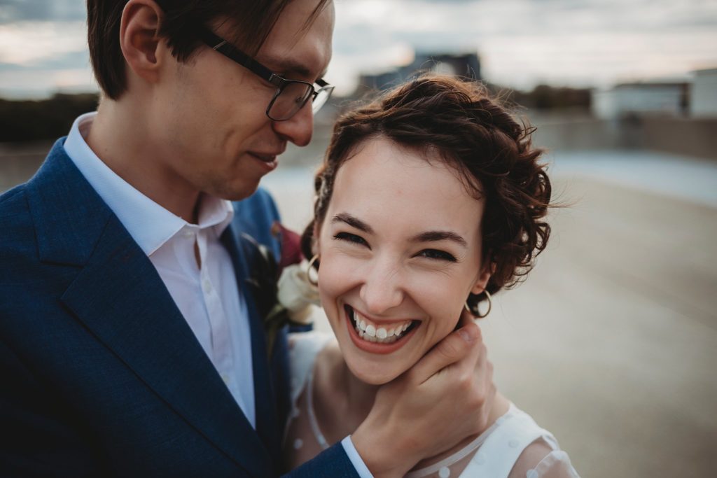 How To: Be Confident At Your Photoshoot- bride smiling at camera, husband and wife posing at west Lafayette Indiana elopement