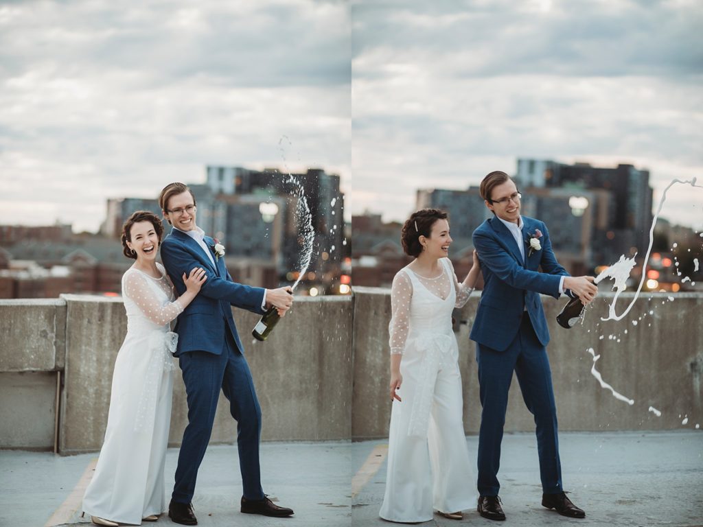 bride and groom pop champagne for elopement pictures in Indiana