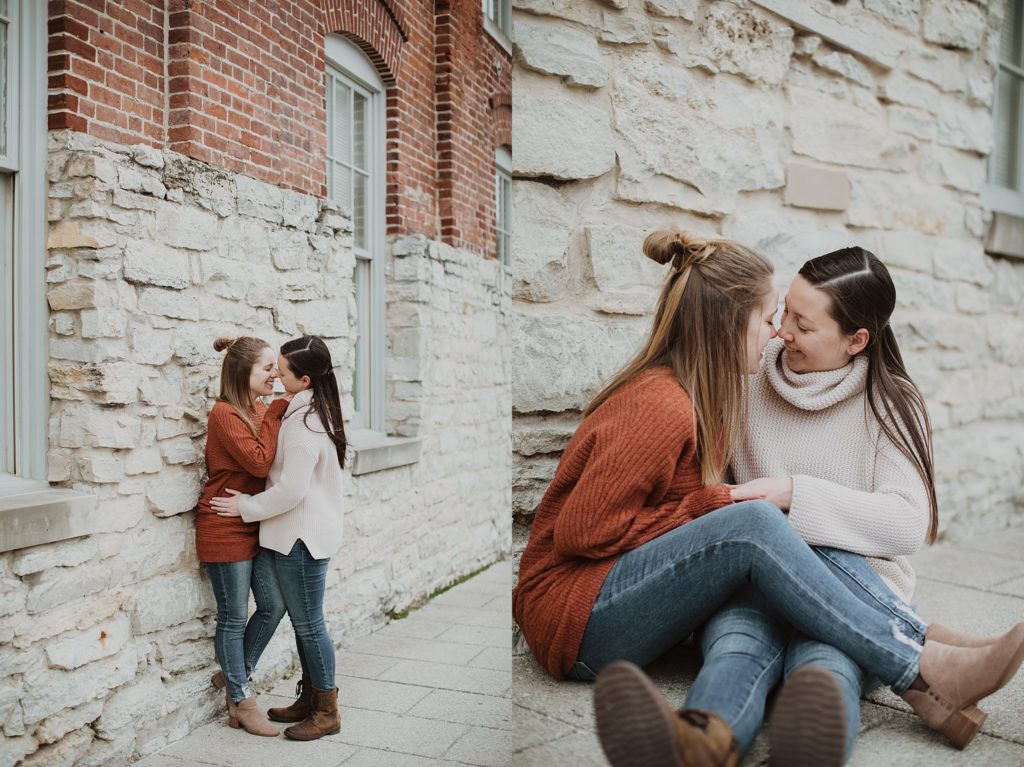 lgbt photographers- two wives holding onto each other's face and almost kissing in an indianapolis indiana couples session. 