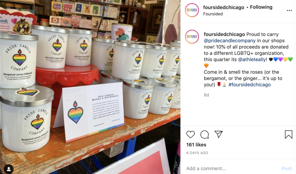 Queer owned valentine gift- pride company candles sitting on a shelf at four sided chicago store in downtown chicago