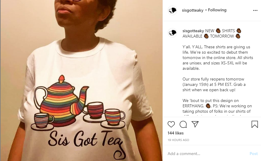 Queer Owned Valentine Gift Guide- woman holding shirt with rainbow tea pot and cups from Sis Got Tea. 
