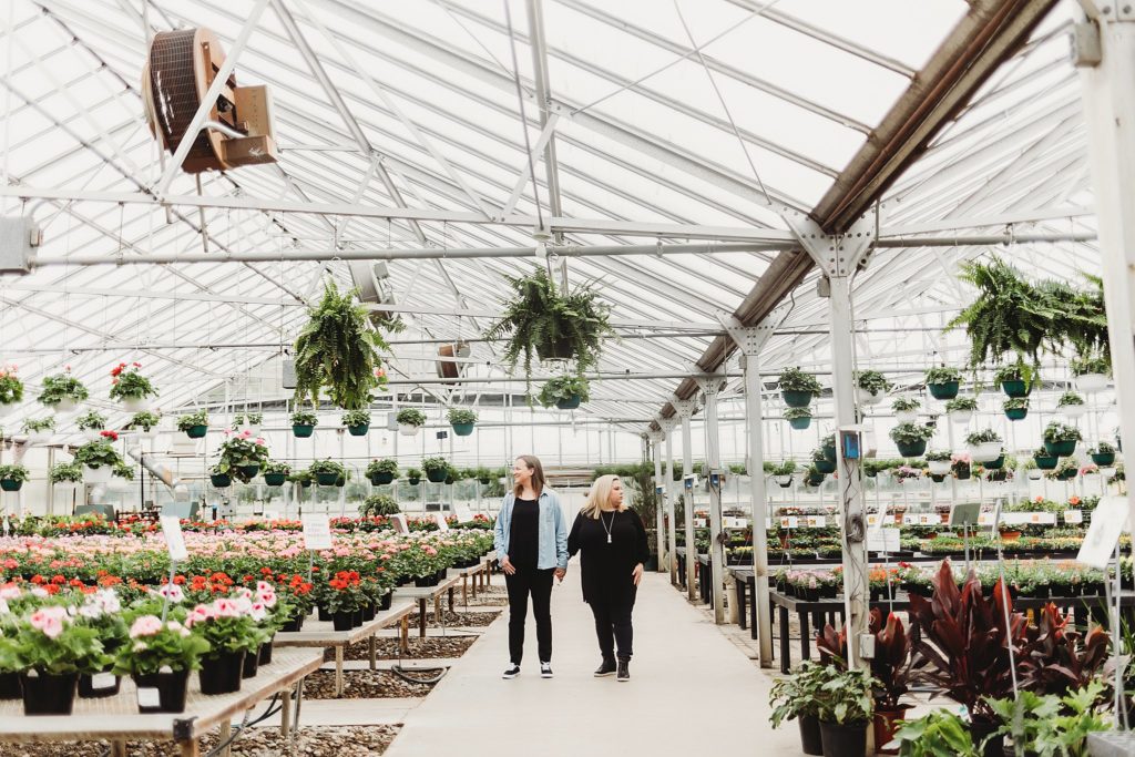 far away shot of couple standing in the Indiana Greenhouse while looking in opposite directions of each other